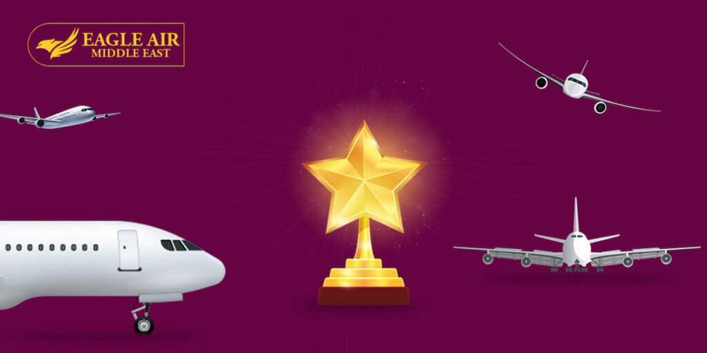 Multiple airplanes flying with an award in the middle.