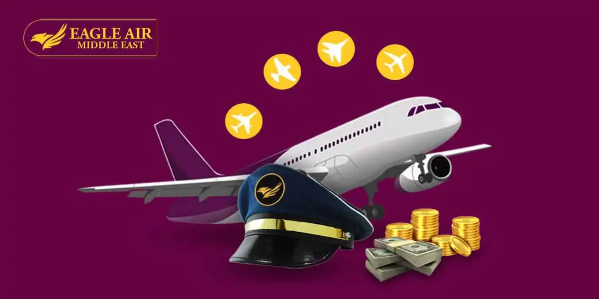 An airplane with a pilot's cap and a pile of money in front of it.