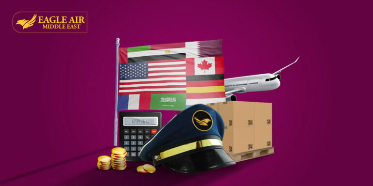 A pilot's cap placed in front of coins, a calculator, flags and an airplane.
