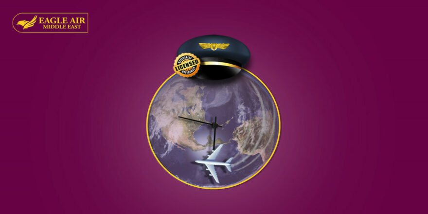 Earth in the shape of clock with a plane on it to refer to the duration in the flight school